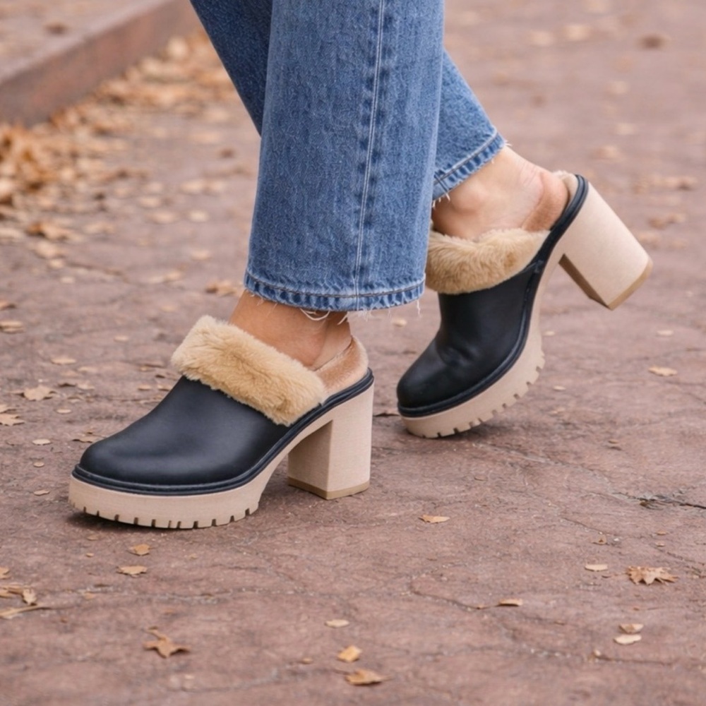 Free People James Cozy Fur Shearling Leather Mule Chunky Heel Shoe Size 41